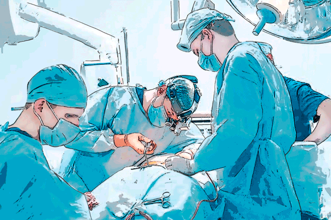  Das Bild zeigt eine Szene in einem Operationssaal, in dem ein Chirurgenteam gerade eine Operation durchführt. Die Ärzte und das medizinische Personal tragen alle sterile OP-Kleidung, einschließlich blauer Kittel, Handschuhe, Gesichtsmasken und OP-Hauben. 